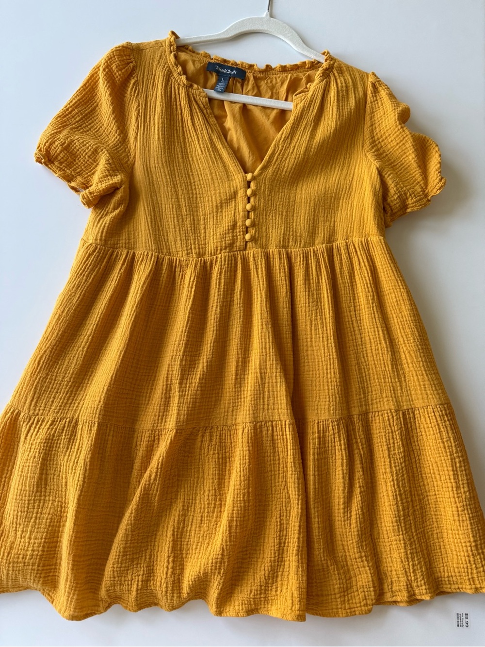 Modcloth Mustard Yellow Tiered Gauze Mini Dress size L Large